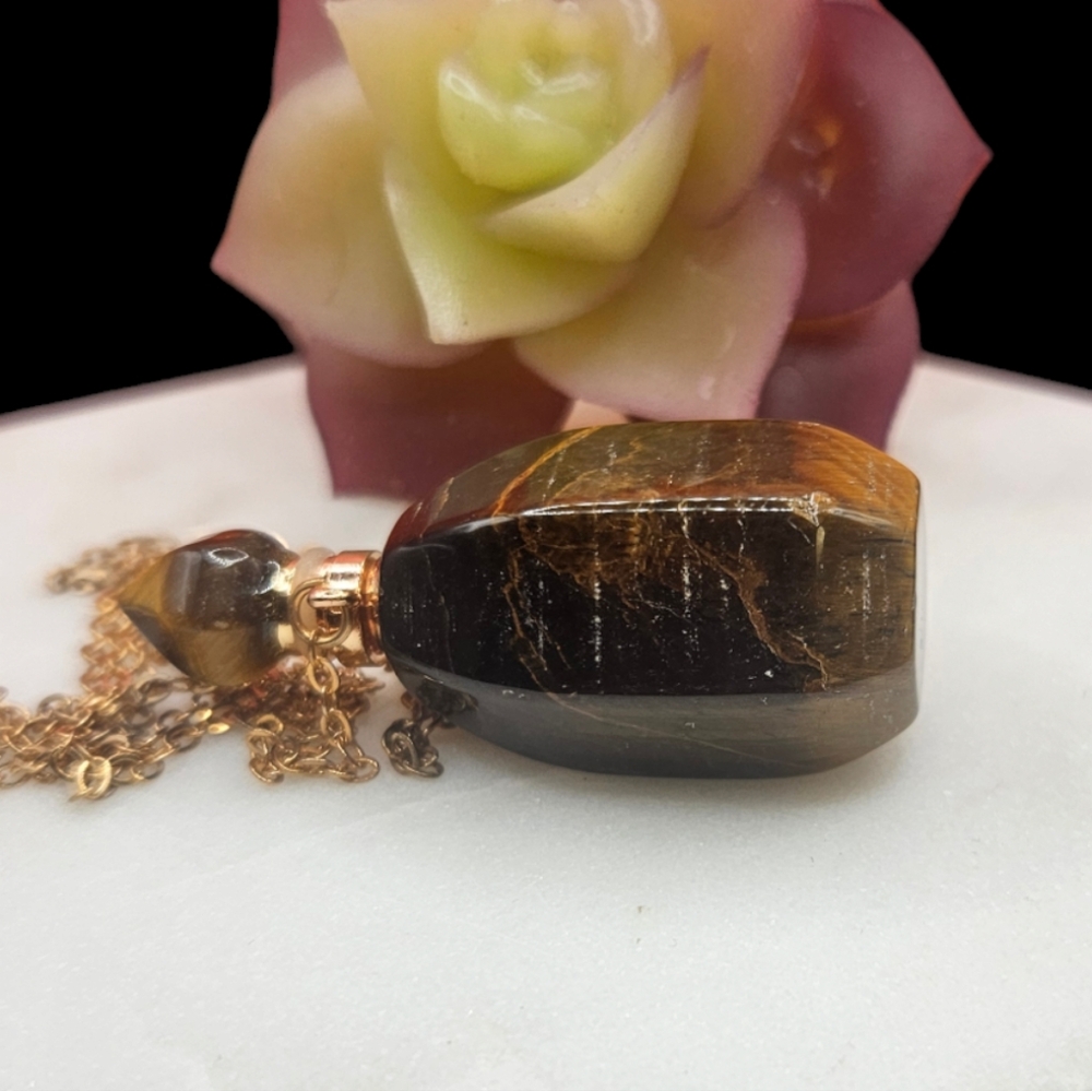 South African Yellow Tigers Eye aromatherapy bottle pendant necklace